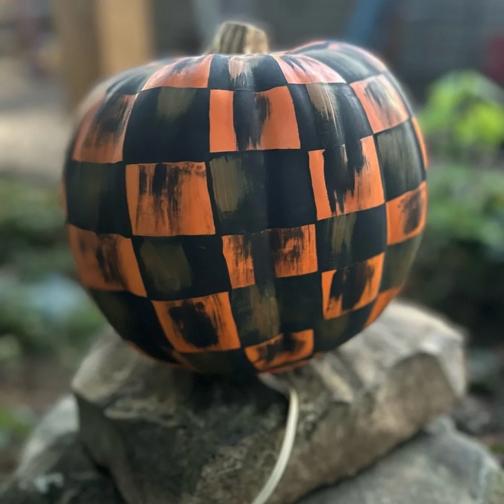 Orange and Black Checker Jack-O'-Lantern thick foam Lantern Hand painted